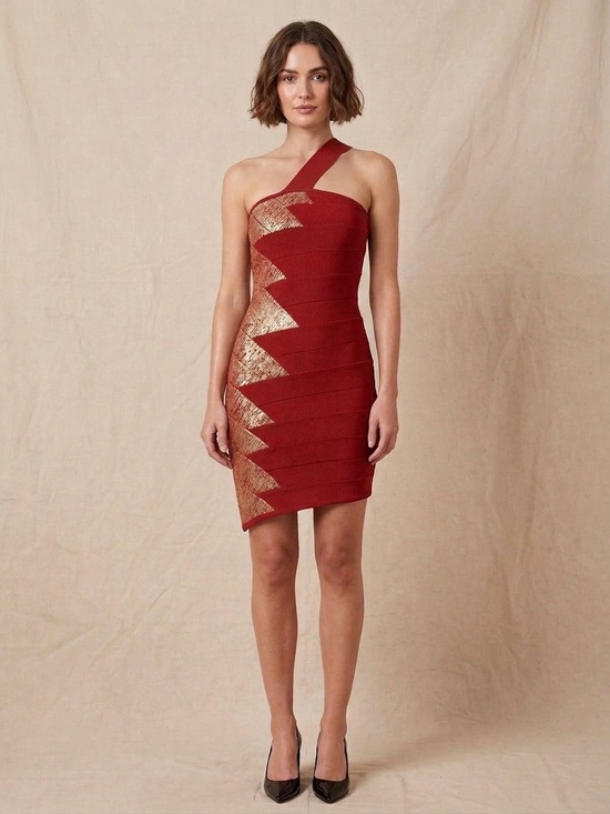 bebe Dresses & Skirts - Bebe Addiction Red/Gold Foil Bandage Mini Dress Halter Neck Asymmetrical Hem XS